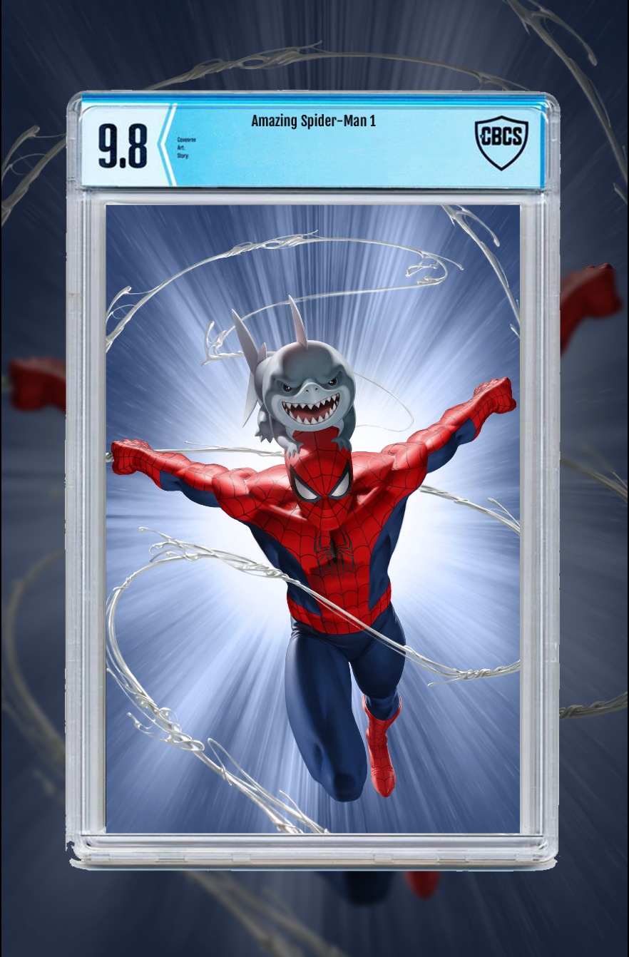 Amazing Spider-Man #1 CBCS 9.8 Virgin exclusive variant cover by Junggeun Yoon, featuring Spider-Man swinging with Jeff the Land Shark – Limited edition from ThatGuyWill.shop.
