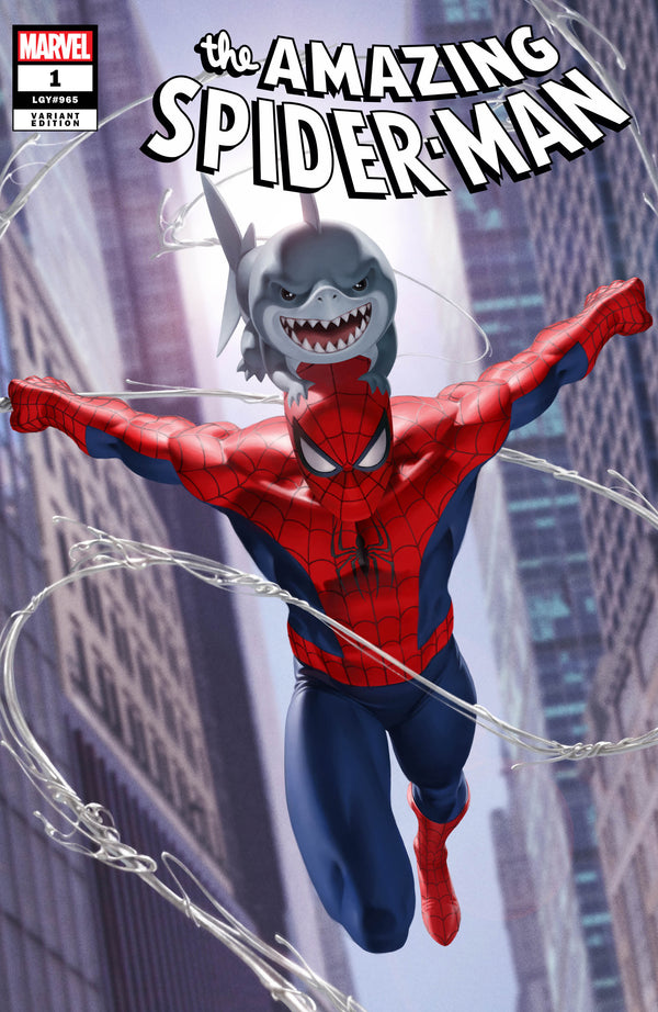 Amazing Spider-Man #1 exclusive trade variant cover by Junggeun Yoon, featuring Spider-Man swinging with Jeff the Land Shark – Limited edition from ThatGuyWill.shop